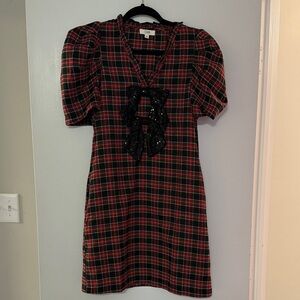 Plaid Puff Sleeve Dress with Black sequin Detail